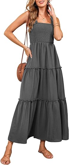 Womens Sleeveless Midi Dress with Pockets Pleat Long Tiered Maxi Dress