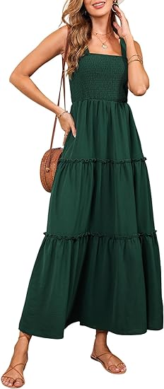 Womens Sleeveless Midi Dress with Pockets Pleat Long Tiered Maxi Dress