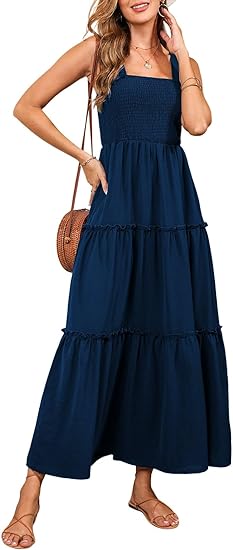 Womens Sleeveless Midi Dress with Pockets Pleat Long Tiered Maxi Dress