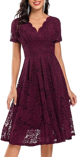 Women Floral Lace V Neck Short Sleeve Formal Dress Swing A-Line Wedding Bridesmaid Cocktail Party Midi Dresses