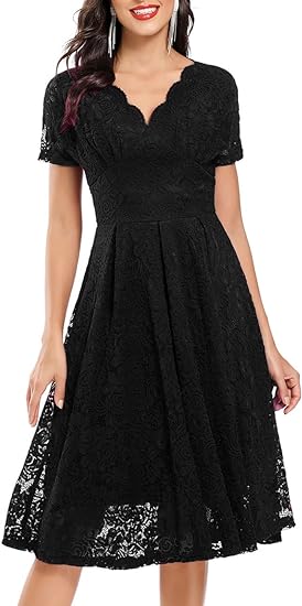 Women Floral Lace V Neck Short Sleeve Formal Dress Swing A-Line Wedding Bridesmaid Cocktail Party Midi Dresses