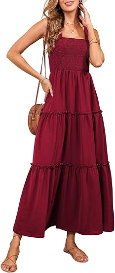 Womens Sleeveless Midi Dress with Pockets Pleat Long Tiered Maxi Dress