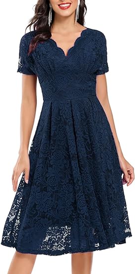 Women Floral Lace V Neck Short Sleeve Formal Dress Swing A-Line Wedding Bridesmaid Cocktail Party Midi Dresses