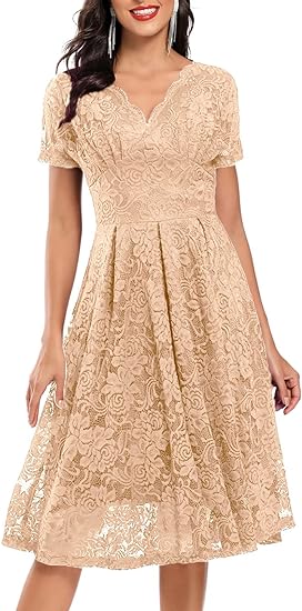 Women Floral Lace V Neck Short Sleeve Formal Dress Swing A-Line Wedding Bridesmaid Cocktail Party Midi Dresses