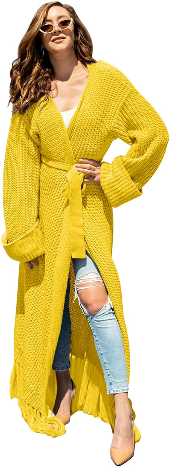 Women's Floor Length Open Front Knit Cardigan Dress - Long Sleeve Maxi Dress - Cardigan for Women