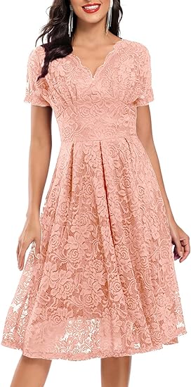 Women Floral Lace V Neck Short Sleeve Formal Dress Swing A-Line Wedding Bridesmaid Cocktail Party Midi Dresses